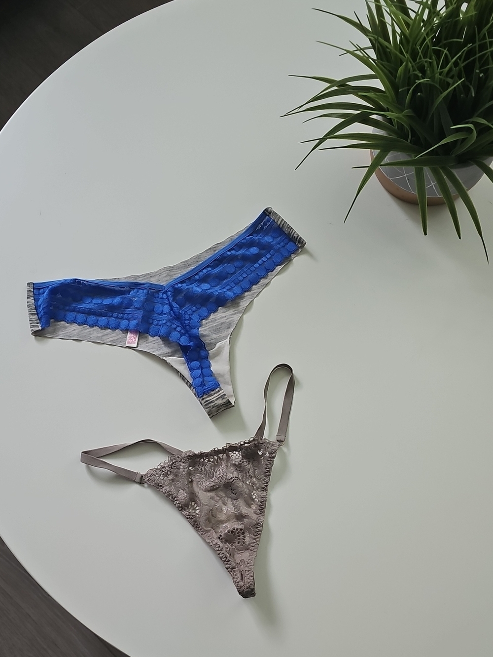 Victoria's Secret Blue Lace & Taupe Lace V-String Panty
